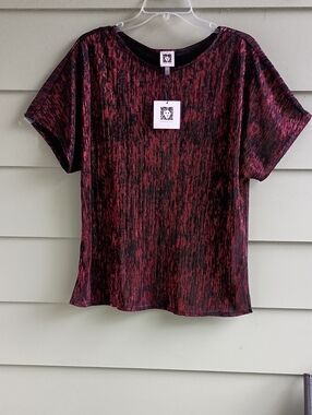 Anne Klein Womens Black w Dark Red Metallic Short Sleeve Top Blouse Sz L NWT $79